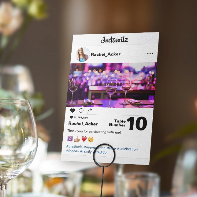 Photo Social Media Bat mitzvah eller Pub Mitzvah Bordsnummer (Social media photo sharing Bat Mitzvah celebration table card.)