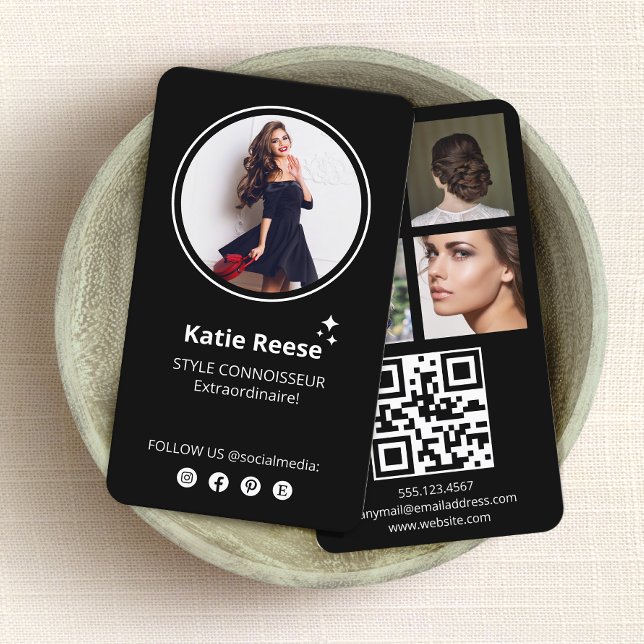 Photo Social Media Black Visitkort (Instagram social media networking 4 photo  business card with QR Code)