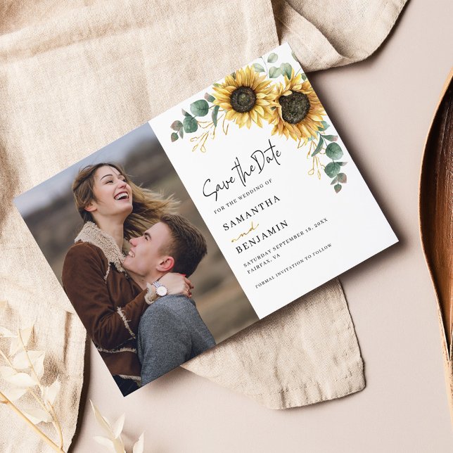 Photo Solros Eucalyptus Bröllop Spara Datumet (Floral Sunflower Eucalyptus Wedding Save the Date Announcement)