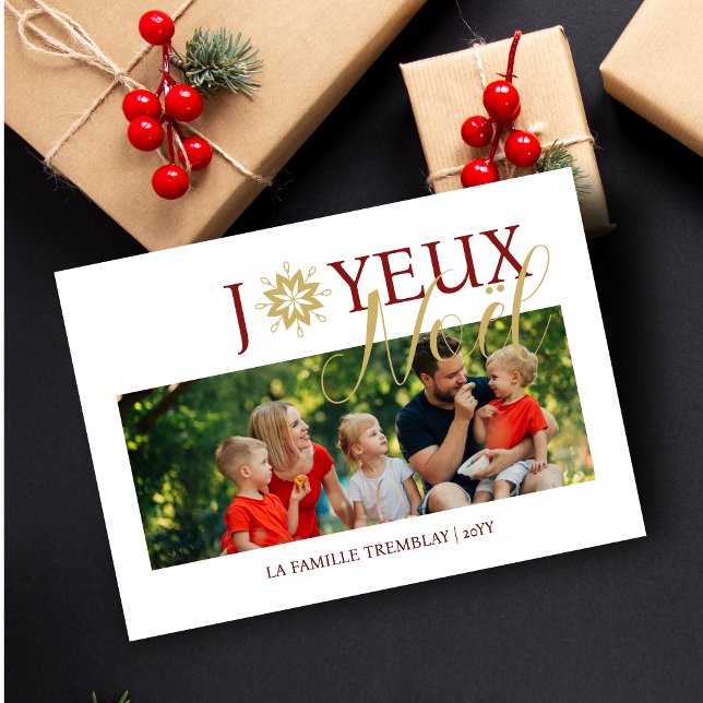 Photo Sophisticated French Exquisite Snowflake  Julkort (Sophisticated French Exquisite Snowflake Joyeux Noël Quote Photo Holiday Card with Envelope. )