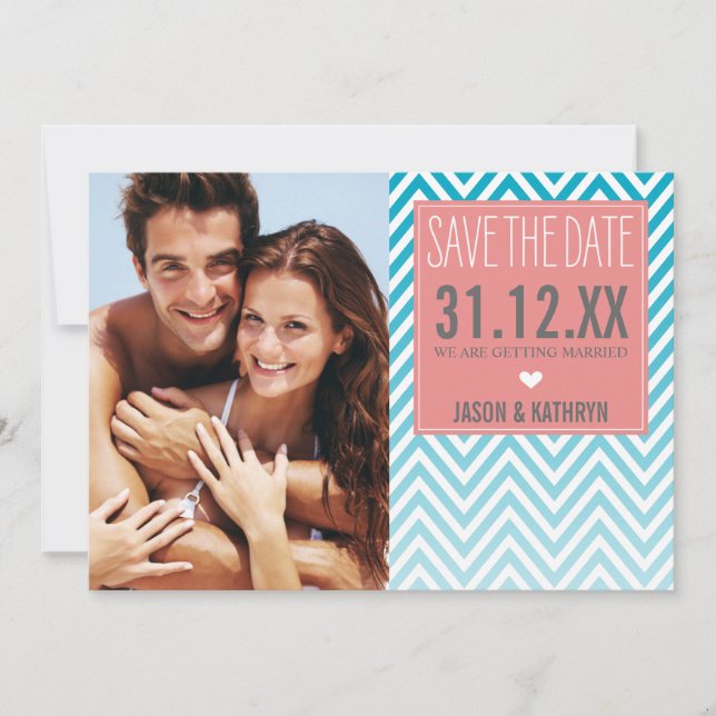 PHOTO SPARA DATE ombre chevron turquise coral Inbjudningar (Framsida)