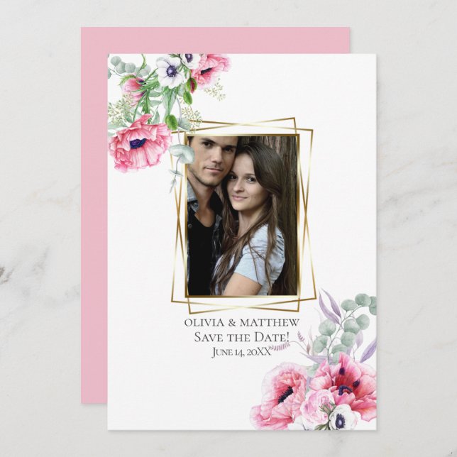 PHOTO SPARA DATUM | Vattenfärgsdiskett Rosa Poppy Inbjudningar (Fram/baksida)