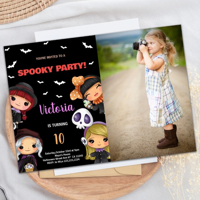 Photo Spooky Party Black Halloween Birthday Inbjudningar (Photo Spooky Party Black Halloween Birthday Invitation)
