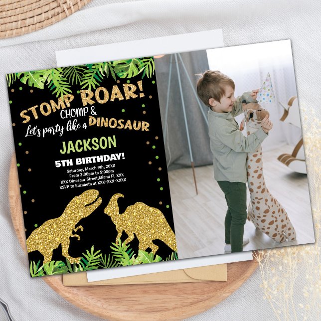 Photo Stomp Roar Glitter Dinosaur Birthday Inbjudningar (Photo Stomp Roar Glitter Dinosaur Birthday Invitation)