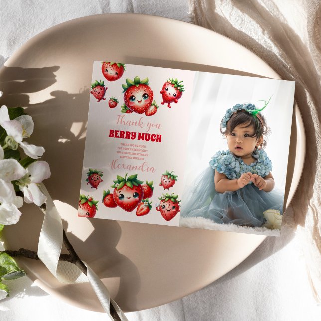Photo Strawberry Berry First Birthday Tack Kort (Skapare uppladdad)