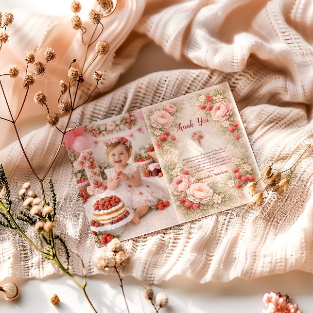 Photo Strawberry Blush Garden Celebration 1st Birt Tack Kort (Skapare uppladdad)