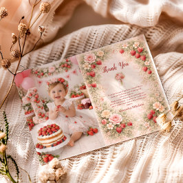 Photo Strawberry Garden Floral 1st Birthday Tack Kort