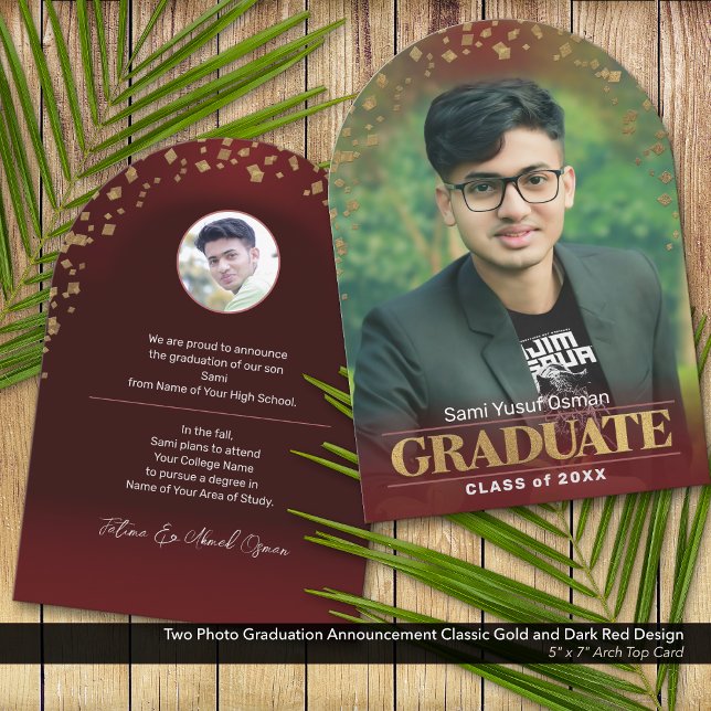 Photo Studenten annoncement Classic Guld Red Inbjudningar (Two Photo Graduation Announcement: Classic Design in Gold and Dark Red)