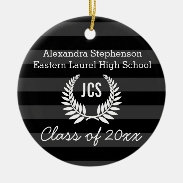 Photo Studenten Black Grått Monogram Laurel Julgransprydnad Keramik (Framsidan)