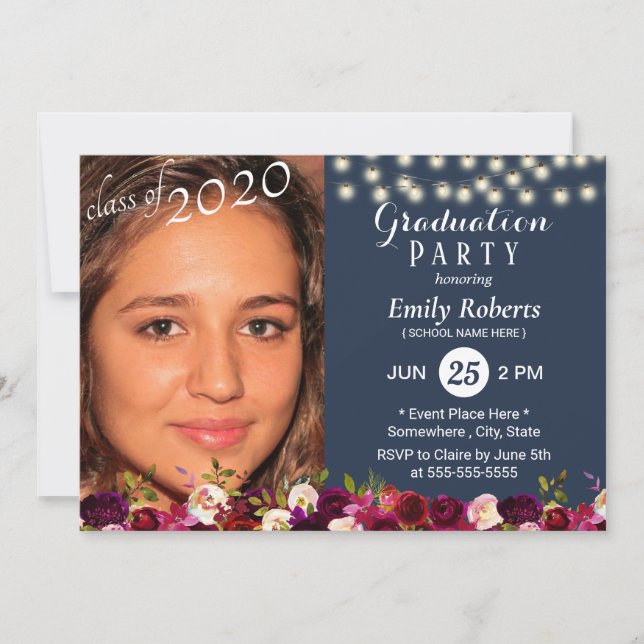 Photo Studenten Burgundy Red Blommigt Navy Blue Inbjudningar (Framsida)
