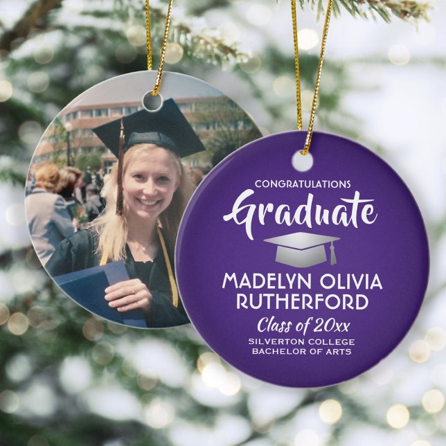 Photo Studenten Gratulerar Modern Lila och vit Julgransprydnad Keramik (Skapare uppladdad)