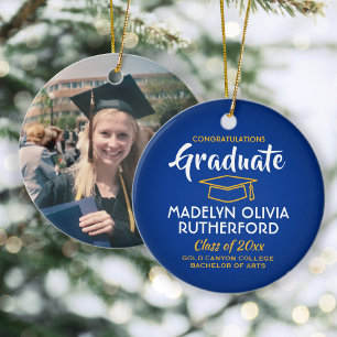 Photo Studenten Gratulerar Royal Blue Guld Gult Julgransprydnad Keramik