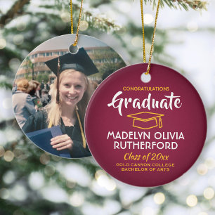 Photo Studenten Gratulerara Maron Guld Red Gult Julgransprydnad Keramik