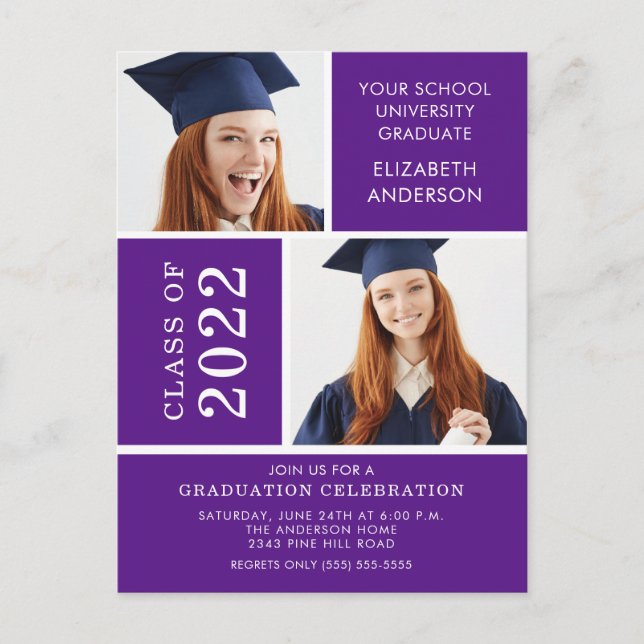 Photo Studenten-inbjudan ~Classy Lila & White Vykort (Framsida)