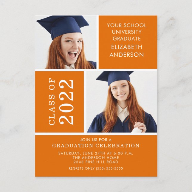 Photo Studenten-inbjudan ~Classy Orange & White Vykort (Framsida)
