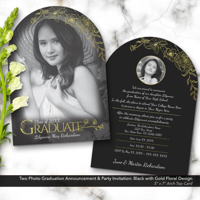 Photo Studenten-inbjudan till Svarta & Guld-Blommi Inbjudningar (Two Photo Graduation Announcement Invitation: Elegant Gold Floral Design for Black-and-White Photos.)