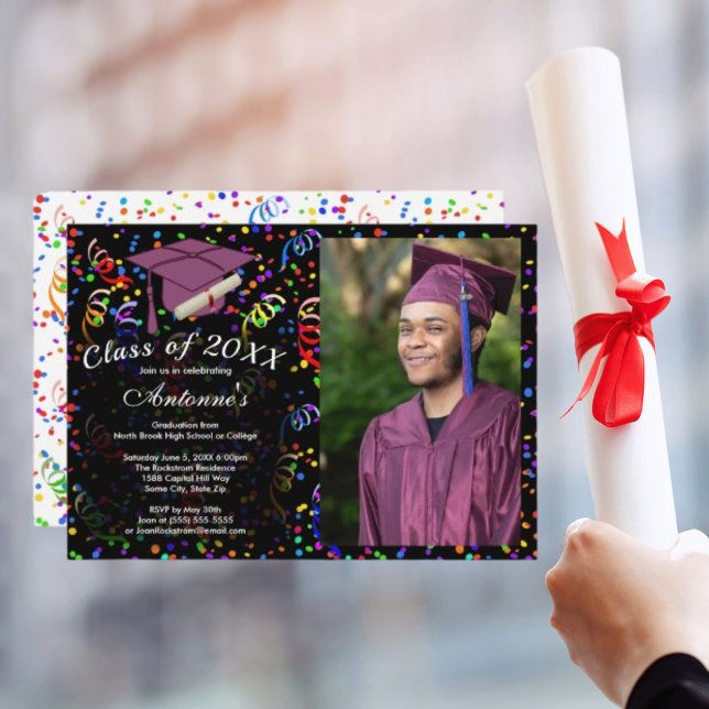 Photo Studenten Lila Grad Cap Confetti Party Inbjudningar (Photo Graduation Purple Grad Cap Confetti Party Invitation)