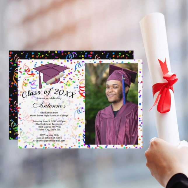 Photo Studenten Lila Grad Cap Confetti Party Inbjudningar (Photo Graduation Purple Grad Cap Confetti Party Invitation)