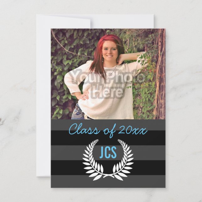 Photo Studenten Monogram Black Light Blue Preppy Inbjudningar (Framsida)