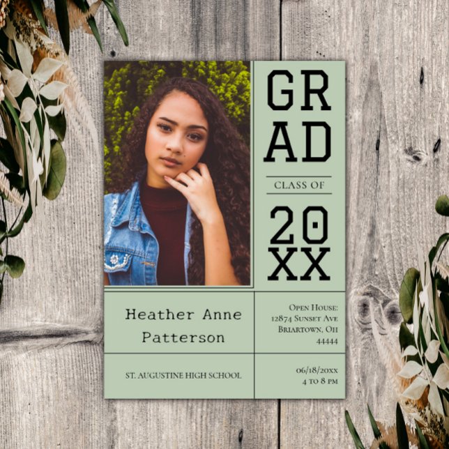 Photo Studenten Open House | GRÖNT Inbjudningar (Sage Green Photo Graduation Open House Invitation)