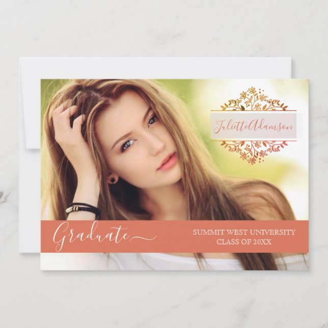 Photo Studentfest Coral Blommigt Monogram Inbjudningar (Framsida)