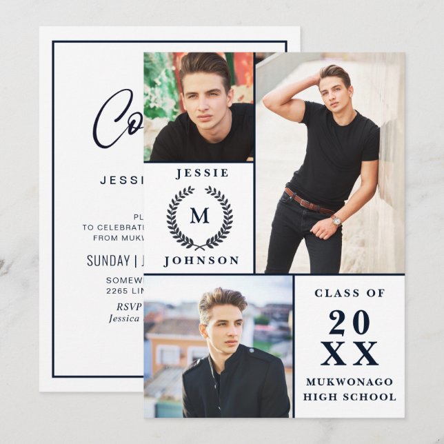 PHOTO-Studentfest i Klassi Modern Script 3 Inbjudningar (Fram/baksida)