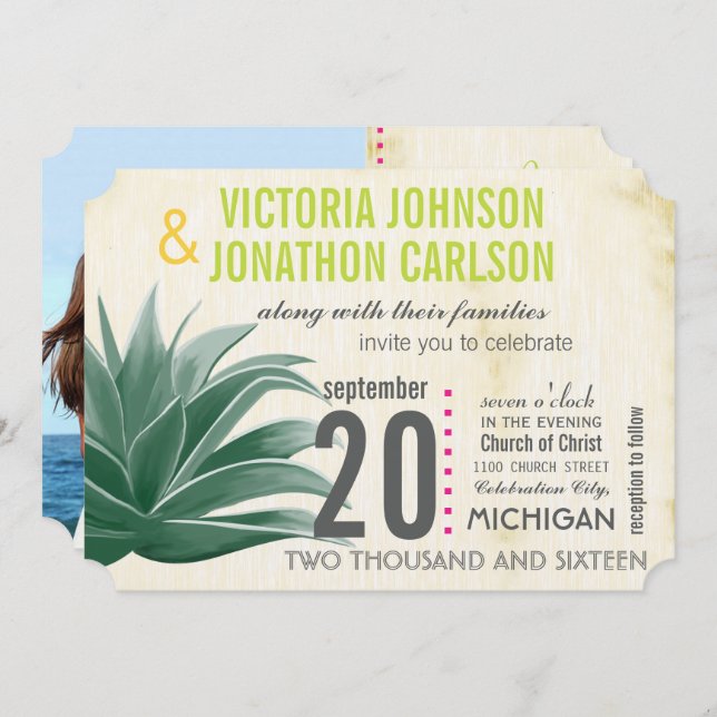 Photo Succule Aloe Rosa Lime Hydrangea Bröllop Inbjudningar (Fram/baksida)