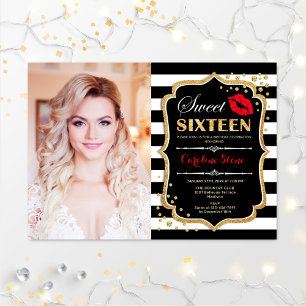 Photo Sweet 16 Birthday - Red Kiss Guld Black Inbjudningar