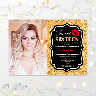 Photo Sweet 16 Birthday Red Kiss Guld Black Inbjudningar
