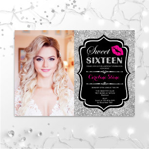 Photo Sweet 16 Birthday Rosa Kiss Silver Black Inv Inbjudningar