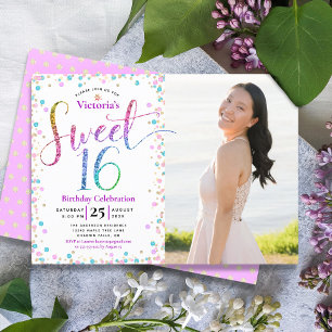 Photo Sweet 16 Rainbow Glitter Confetti Birthday Inbjudningar