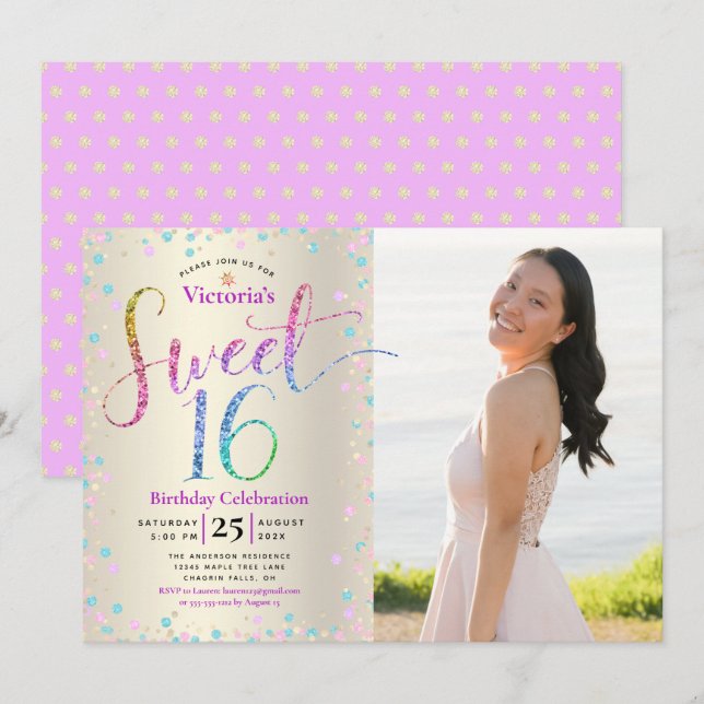 Photo Sweet 16 Rainbow Glitter Gold Foil Birthday Inbjudningar (Fram/baksida)