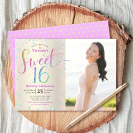 Photo Sweet 16 Rainbow Glitter Gold Foil Birthday Inbjudningar
