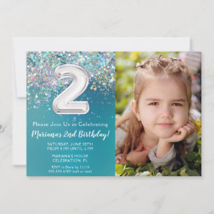 Photo Teal Silver Glitter 2:a födelsedag Inbjudningar