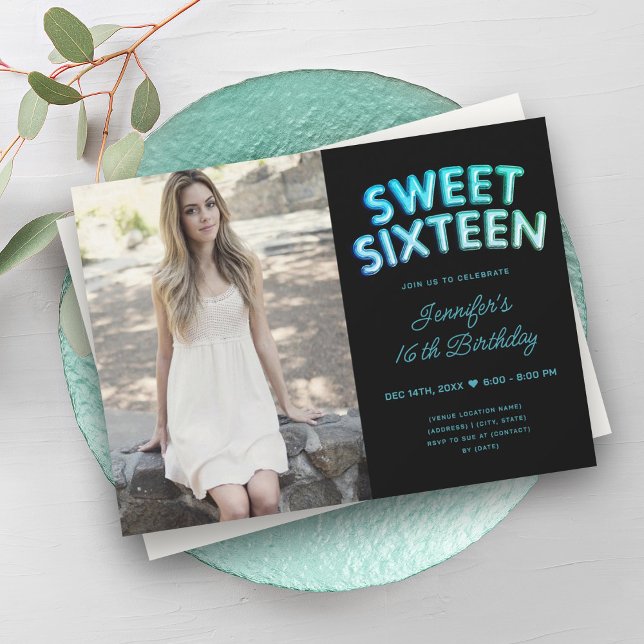 Photo Teal Turcos Black Balloons Sweet 16 Inbjudningar (Photo Teal Turquoise Black Balloons Sweet 16 Invitation)