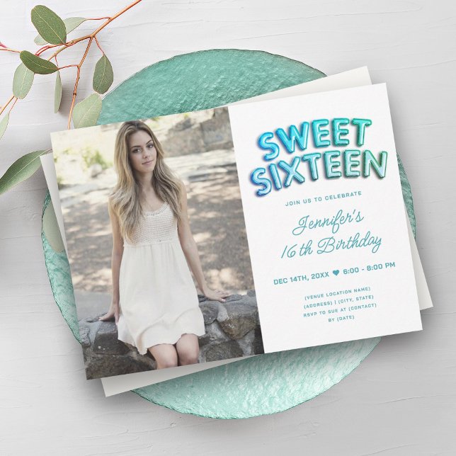 Photo Teal Turcos White Balloons Sweet 16 Inbjudningar (Photo Teal Turquoise White Balloons Sweet 16 Invitation)