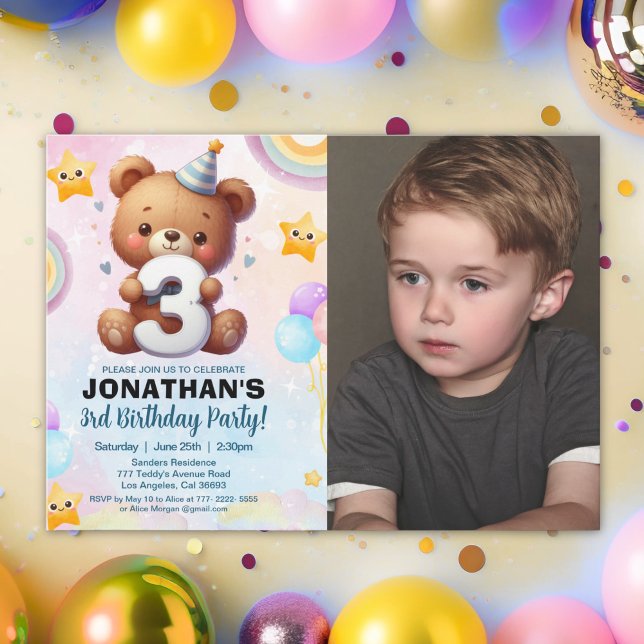 Photo Teddy Bear Birthday 3rd for Boys Inbjudningar (Skapare uppladdad)