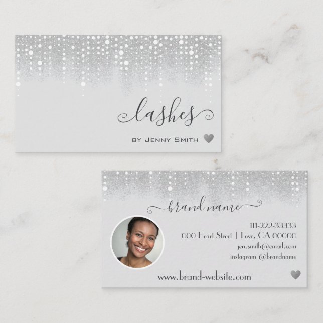 Photo Template Söt Silver White Glitter Rain Visitkort (Fram/baksida)