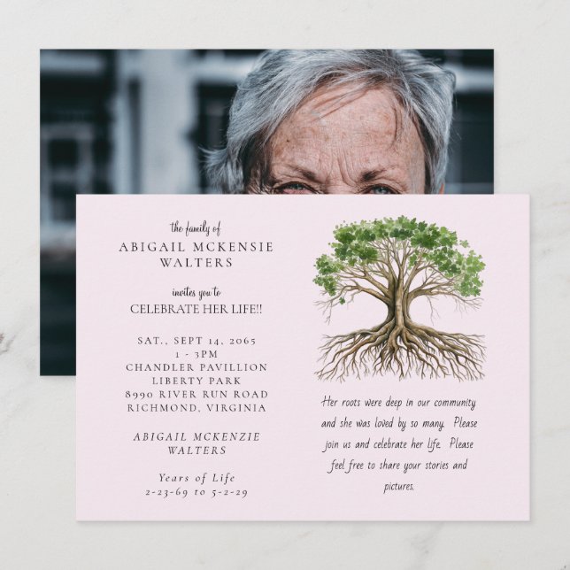 Photo Tree Deep Roots Pink Celebration of LIfe Inbjudningar (Fram/baksida)