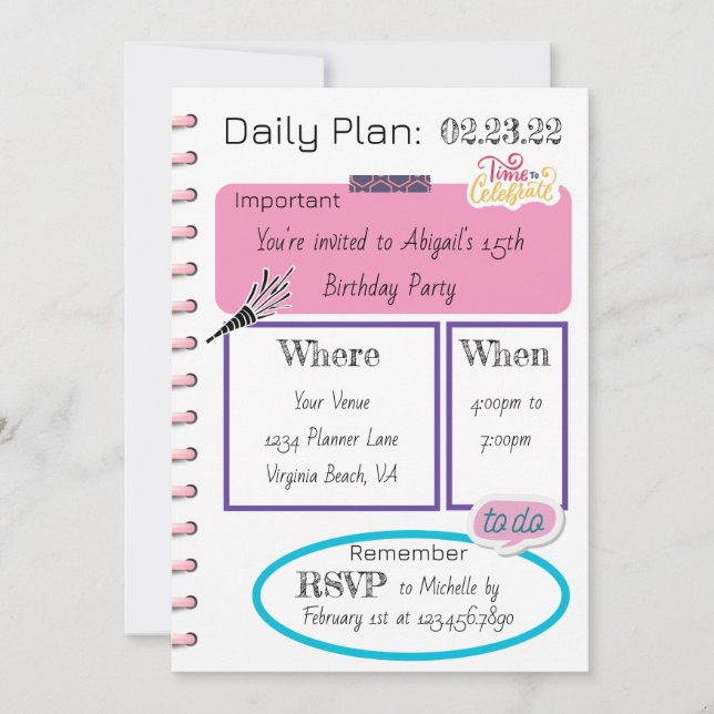 Photo Trendig Daily Planner Modern Chic Birthday Inbjudningar (Framsida)