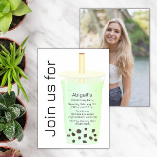 Photo Trendig Modern Ljust grönt Boba Tea Birthday Inbjudningar