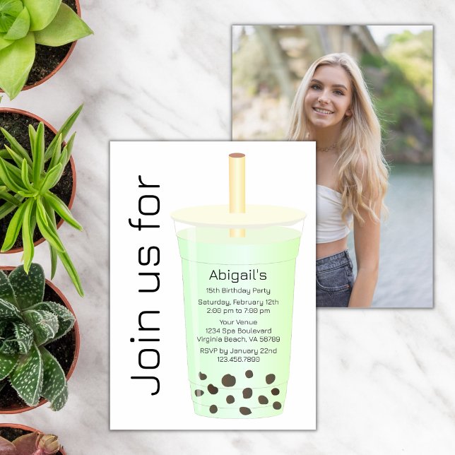 Photo Trendig Modern Ljust grönt Boba Tea Birthday Inbjudningar (Skapare uppladdad)