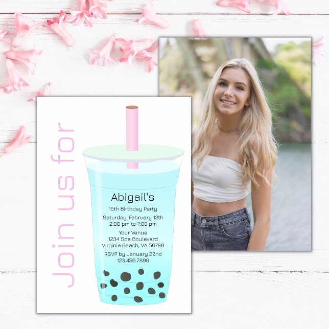 Photo Trendig Modern Rosa Blue Boba Tea Birthday Inbjudningar (Skapare uppladdad)
