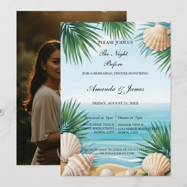 Photo Tropical Beach Rehearsal Dinner Invite Inbjudningar (Fram/baksida)