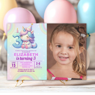 Photo Unicorn 3rd Birthday – Rainbow Girl party Inbjudningar