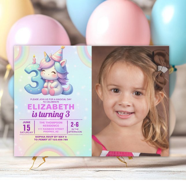 Photo Unicorn 3rd Birthday – Rainbow Girl party Inbjudningar (Skapare uppladdad)