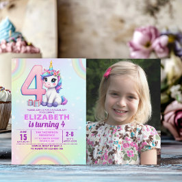 “Photo Unicorn 4th Birthday – Colorful Rainbow  Inbjudningar