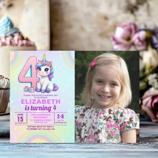 “Photo Unicorn 4th Birthday – Colorful Rainbow  Inbjudningar