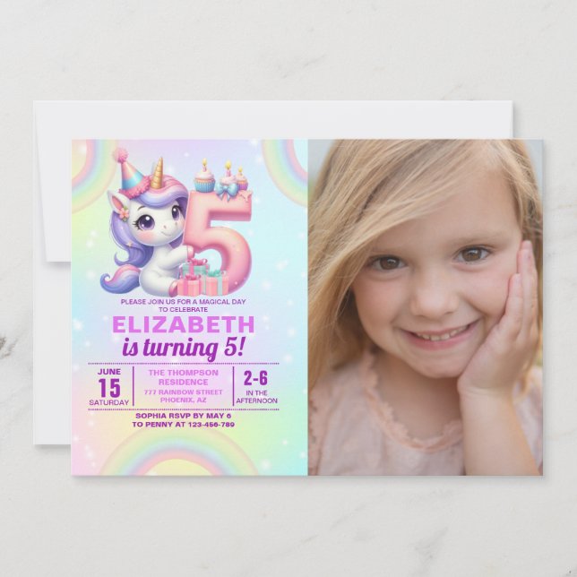 Photo Unicorn 5th Birthday – Rainbow Girl party Inbjudningar (Framsida)