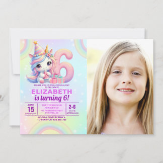 Photo Unicorn 6th Birthday – Rainbow Girl party Inbjudningar